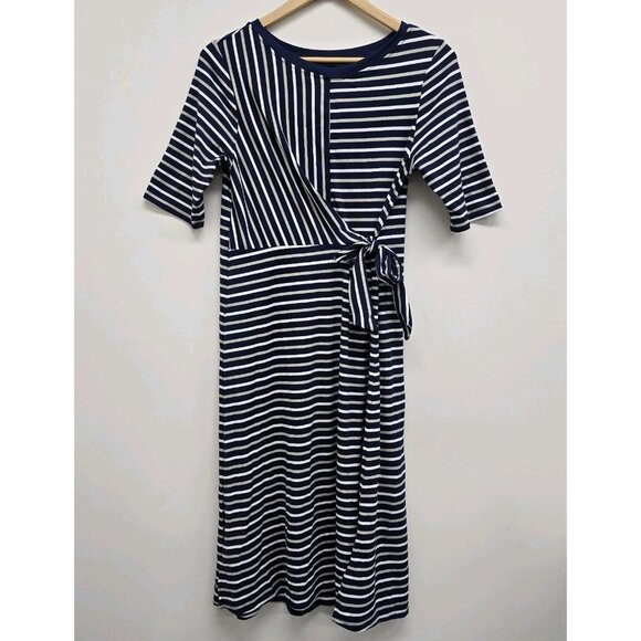 Cuddl Duds Flexwear Wrap Dress Sz Small Tie Front Striped Blue Gray White Casual - Picture 1 of 8